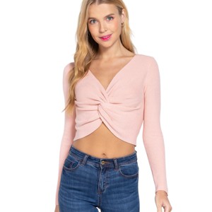 Slickblue V-Neck Front Knotted Cropped Sweater, Light Pink/Ochre, Acrylic-Blend, Sizes S-L, Modern Fit - 1 of 4