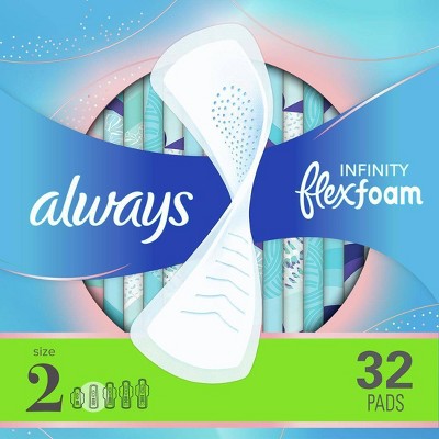 Always Infinity FlexFoam Pads without Wings - Super Absorbency - Unscented - Size 2 - 32ct