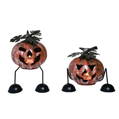 Transpac Metal 8 in. Multicolor Halloween Light Up Jack-O-Lantern Set of 2