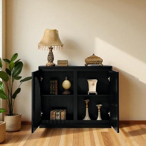 Fluted Buffet Cabinet with Curved Doors, Solid Wood Veneer Storage Sideboard for Entryway, Kitchen, Dining Room, Coffee Bar - 1 of 4