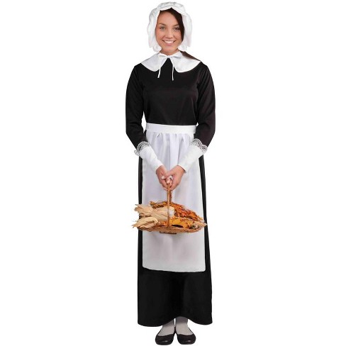 Women's Instant Pilgrim Costume Set Thanksgiving White Bonnet Apron Collar Adult 