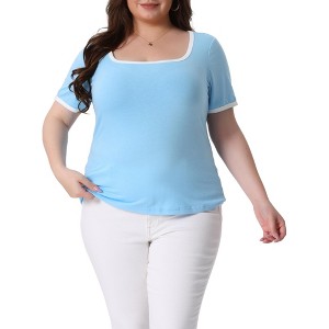 Agnes Orinda Women's Plus Size Color Block Square Neck Short Sleeve Slim Fit Knit Casual T-Shirt - 1 of 4