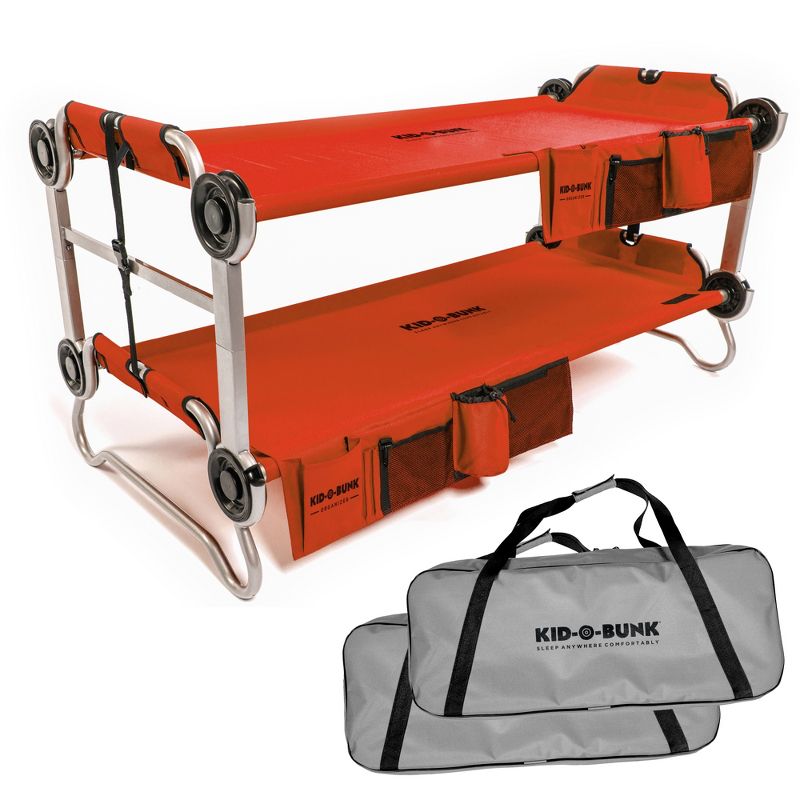 Disc-O-Bed Youth Kid-O-Bunk 2 Person Bench Bunked Double Bunk Bed Cots with 2 Side Organizers and Carry Bags for Outdoor Camping Trips, Red, 1 of 7