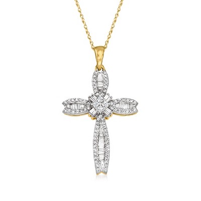 Ross-Simons 0.40 ct. t.w. Baguette and Round Diamond Cross Pendant Necklace in 14kt Yellow Gold
