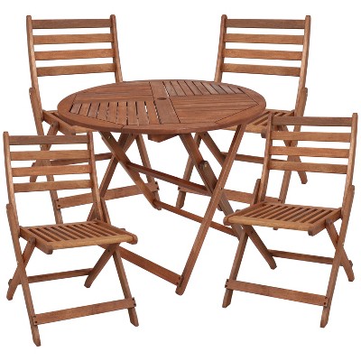Sunnydaze Outdoor Meranti Wood with Teak Oil Finish Round Dining Table with Folding Chairs - Brown - 5pc