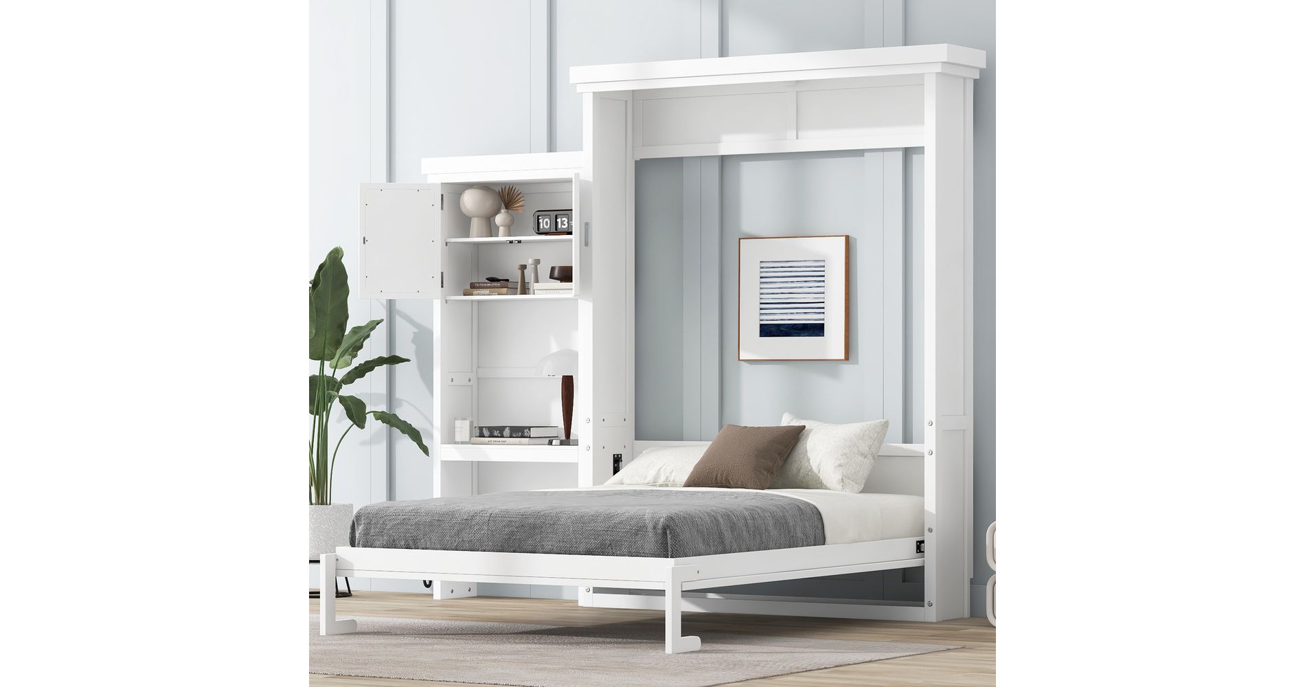 Whisen Wood Queen Size Murphy Bed with Multiple Storage Shelves and Louvered Style Decoration