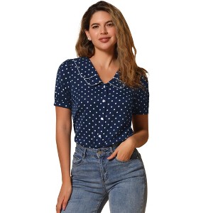 INSPIRE CHIC Women's Vintage Polka Dots Peter Pan Collar Puff Short Sleeve Shirt - 1 of 4