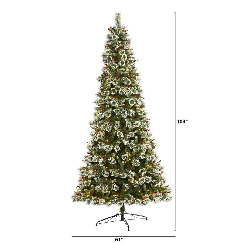 Nearly Natural 9-ft Frosted Swiss Pine Artificial Christmas Tree with 700 Clear LED Lights and Berries, 2 of 8