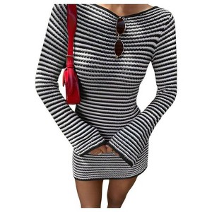 Coolmee Women's Striped Beach Cover Ups  Round Neck Bell Sleeve Slim Fitted  Summer Vacation Outfits Mini Dress - 1 of 4