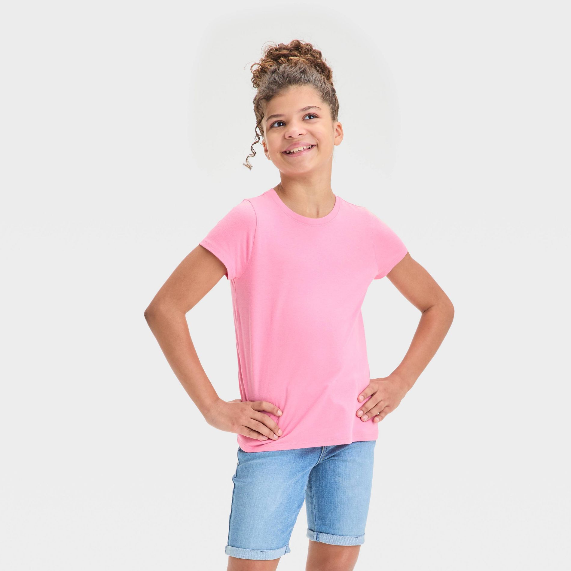 Girls' Short Sleeve Solid T-Shirt - Cat & Jack™ Medium Pink S: Crew Neck, Tagless
