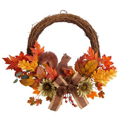 Nearly Natural 26” Fall Harvest Artificial Autumn Wreath with Twig Base and Bunny