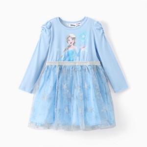 PATPAT Disney Frozen Elsa Princess Cinderella Ariel Baby/Toddler Dress, Ruffle Long-Sleeve Mesh Overlay Tulle Dress - 1 of 4