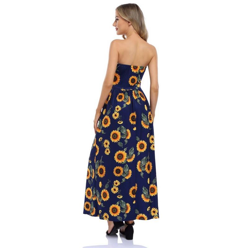 Women Strapless Floral Print Bohemian Boho Maxi Dress Casual Off Shoulder Beach Party Dress with Pockets, 4 of 7