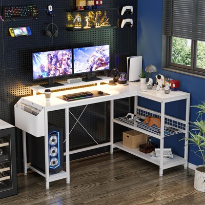 Whizmax L Shaped Computer Desk Power Outlets & LED Light, 49.6" Reversible Corner Computer Desk with Storage Shelves & Monitor Stand for Home Office