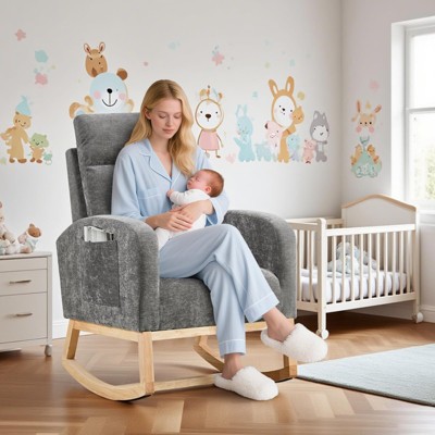 Rocking Chair Nursery, Modern Upholstered Glider Rocker Side Pocket, High Backrest Padded Seat Accent Armchair for Living Room,Bedroom