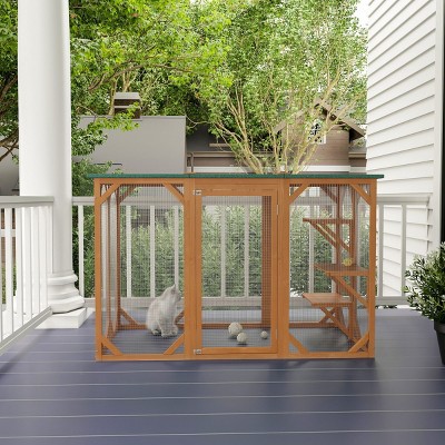 71" Outdoor Wooden Catio Cat House,Large Cat Enclosure with Platforms,Weatherproof Asphalt Roof–LAOTIES