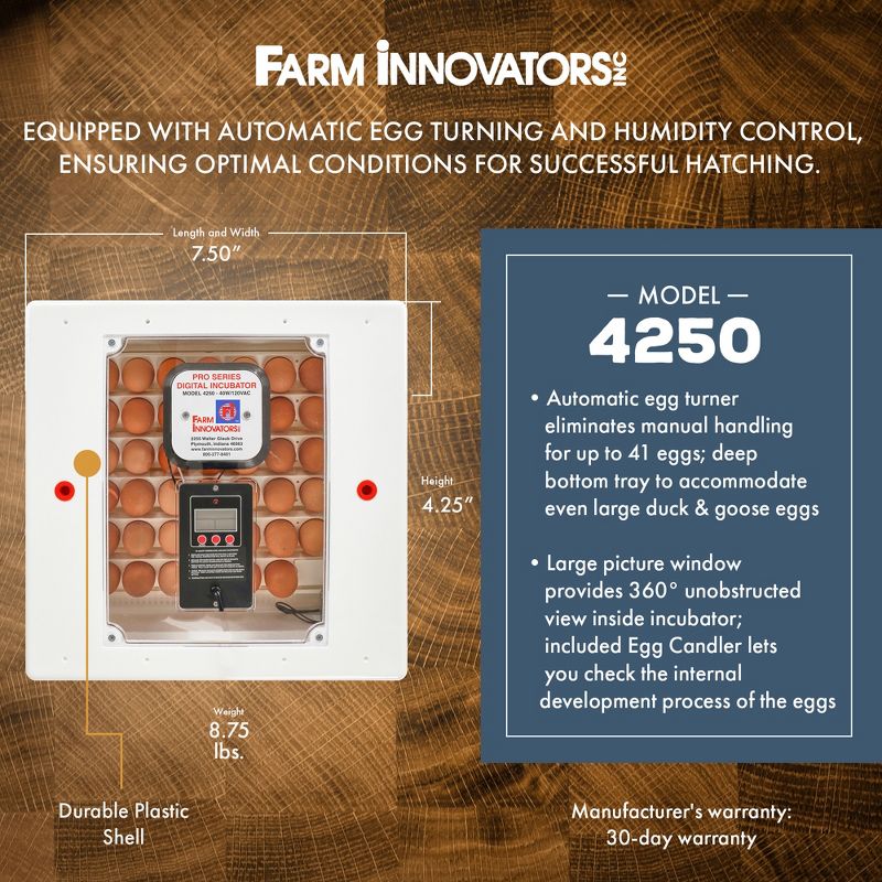 Farm Innovators 41 Egg Incubator with Automatic Egg Turning and Humidity Control, Egg Candler with Digital LCD Display for Improved Hatching, White, 3 of 8