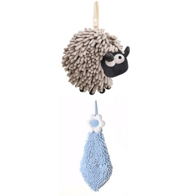 REGALWOVEN Flower and Sheep Shape Absorbent Fast Drying Chenille Hand Towels with Hanging Loop 6" x 15"/7" x 7" 2 Packs