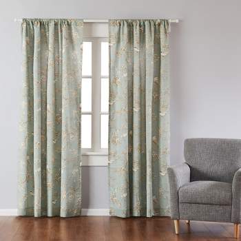 Lyon Teal Toile Lined Curtain Panel with Rod Pocket - 2pk - Levtex Home