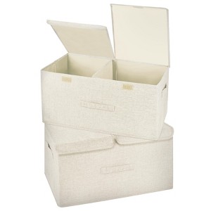 Aoibox Large Storage Boxes with Lids and Handles Collapsible Linen Organizer Bins with Removable Divider Cream 2 Pack - 1 of 4