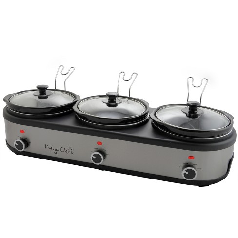 MegaChef Triple 2.5 Quart Slow Cooker and Buffet Server in Brushed Silver