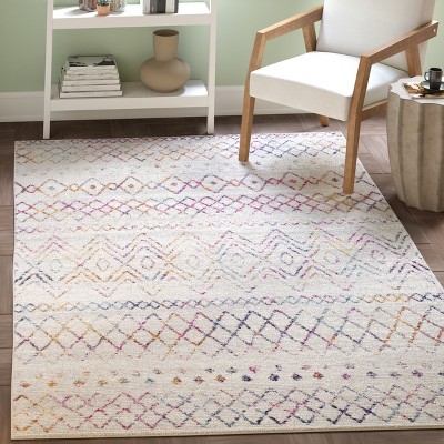 Ivory and Fuchsia Geometric Synthetic Square Area Rug