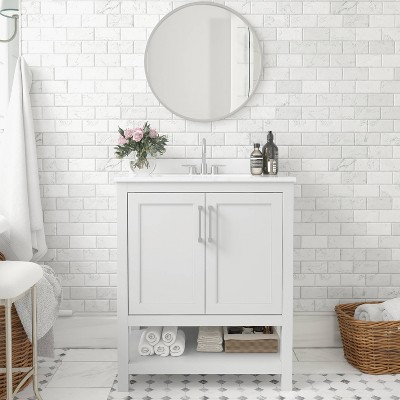 30" White Freestanding Bathroom Vanity with Carrara Marble Countertop