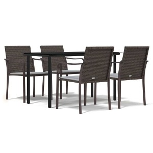 vidaXL Patio Dining Set Table and Chair with Cushions Poly Rattan and Steel - Brown 55.1" Table Length 4 Chairs - 1 of 4