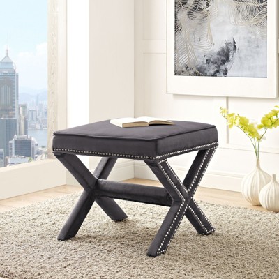 Elegant Gray Velvet Rivet Bench with Nailhead Trim