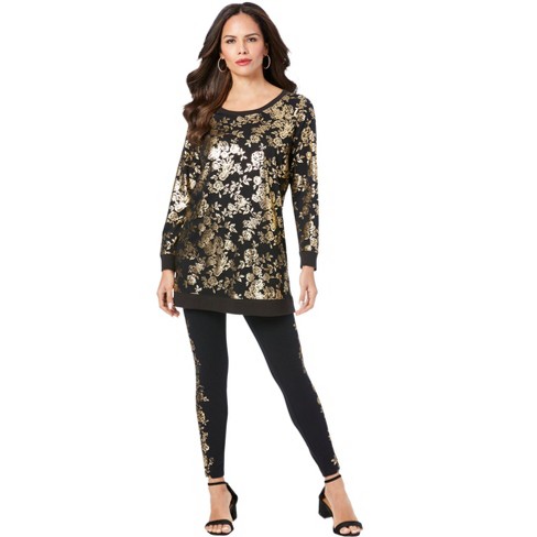 Roaman's Women's Plus Size Foil Tunic & Legging Set - 38/40, Black Gold