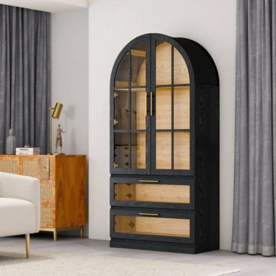 SEVOBAL Utility Storage Cabinets Arched Organizer With 2 Doors For Living Room, Bedroom, Kitchen, 2 Glass Drawers, Black, 15.7"*35.0"*72.8"