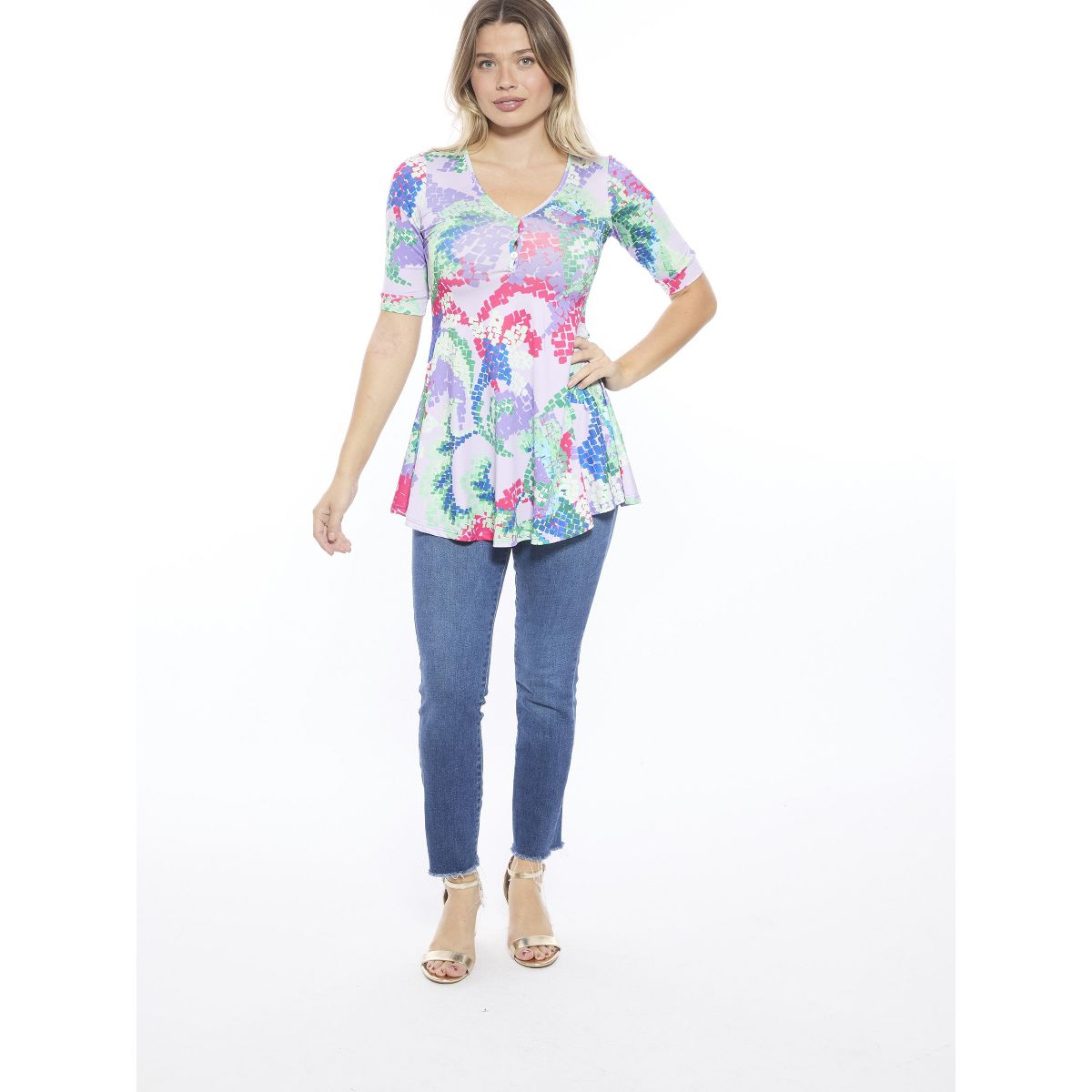 Womens Abstract V-Neck Elbow Sleeve Henley Tunic Top - 24seven Comfort Apparel™