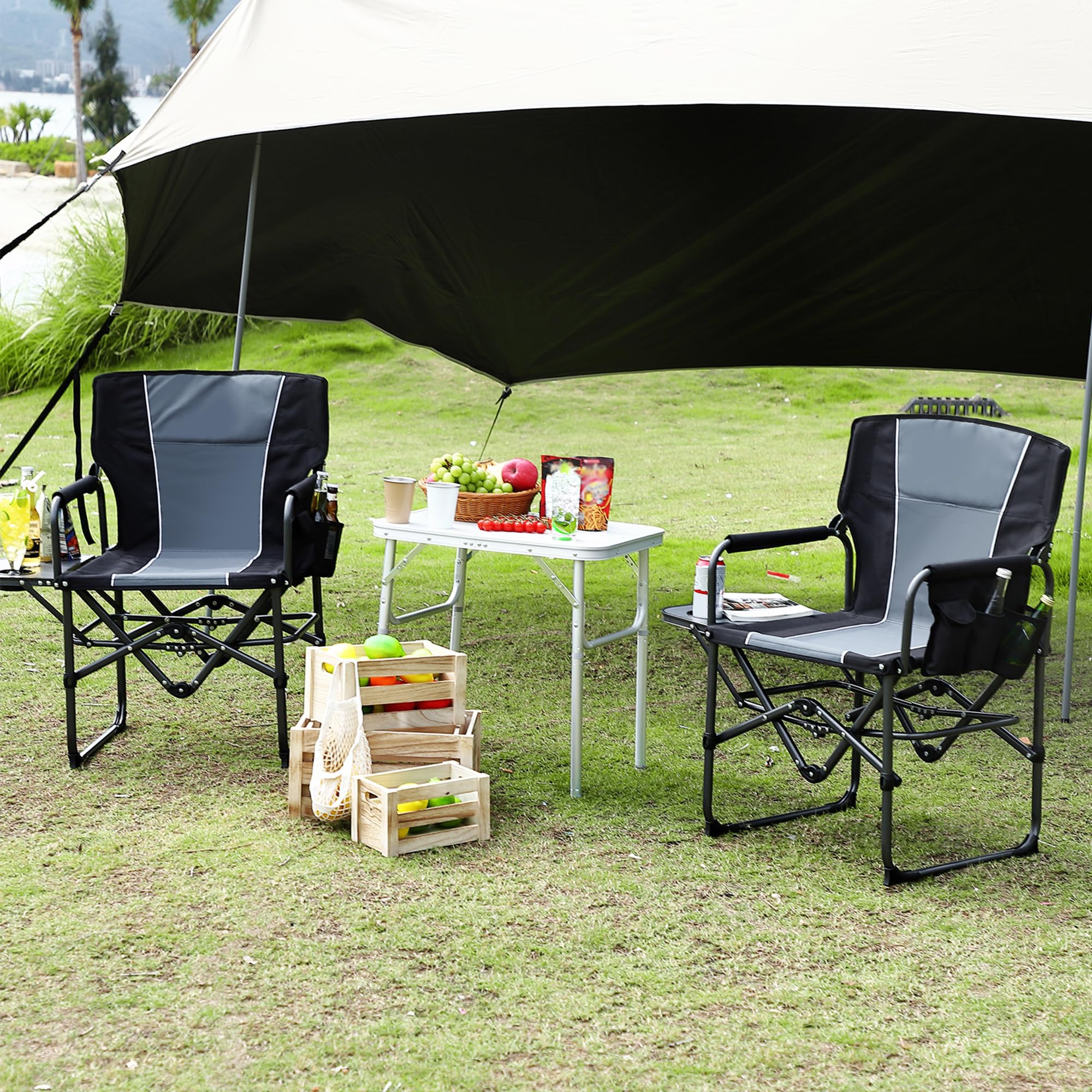 Oversized Camping Directors Chair 2 Pcs, Portable Folding Lawn Chairs for Adults Heavy Duty with Side Table, Outdoor Foldable Camp Chair with Pocket