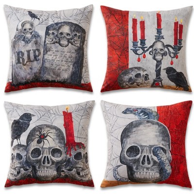 GustoWave Decorative Halloween Throw Pillow Covers Pillow Covers Skeleton Skull Square Cushion Case for Couch Beige 18 x 18 inches, Set of 4
