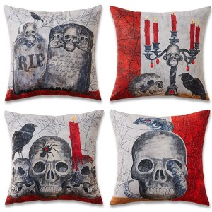 GustoWave Decorative Halloween Throw Pillow Covers Pillow Covers Skeleton Skull Square Cushion Case for Couch Beige 18 x 18 inches, Set of 4 - 1 of 4