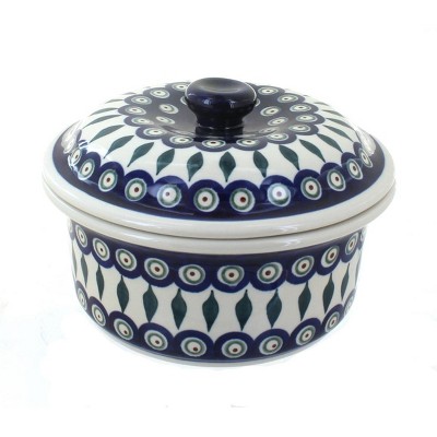 Blue Rose Polish Pottery Peacock Round Baker with Lid