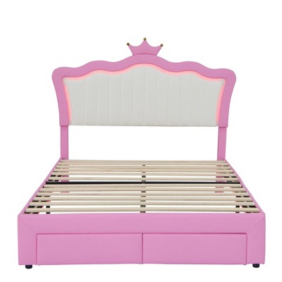 Bellemave Crown Full Size Princess Bed with Storage Drawers for Girls,Cute Full Size Bed Frame for Kids,Lights，Pink
