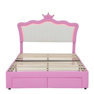 Gulches Full Size Princess Upholstered Bed Frame - Crown Headboard (2-Level Height), LED Lights (Remote Control), 500lbs - 1 of 4