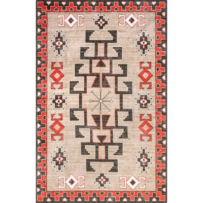 Nuloom Clio Aztec Bordered Pet Friendly Machine Washable Area Rug, 4' x 6', Brown