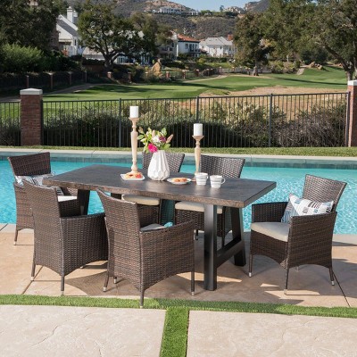 Moana 7pc Wicker and Light Weight Concrete Dining Set - Brown/Beige - Christopher Knight Home