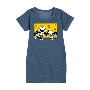 Girls' - Peanuts - Charlie And Snoopy Dance Time Graphic Short Sleeve Fleece Dress - 1 of 4