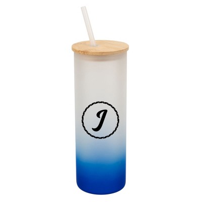 Elanze Designs J Monogram Letter Initial Rope Circle Wrap-Around Design 25 Ounce Frosted Gradient Glass On-The-Go Coffee Travel Skinny Tumbler Mug