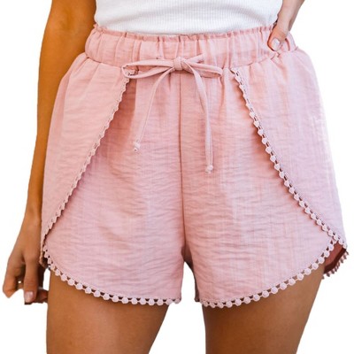 Amaryllis Women's Elastic Waist Scalloped Hem Drawstring Shorts Lightweight Breathable Fabric with Decorative Trim