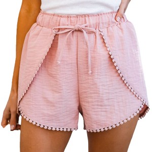 Amaryllis Women's Elastic Waist Scalloped Hem Drawstring Shorts Lightweight Breathable Fabric with Decorative Trim - 1 of 4