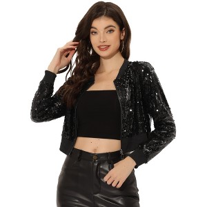 INSPIRE CHIC Women's Sequin Sparkle Front Zipper Cropped Bomber Jacket - 1 of 4