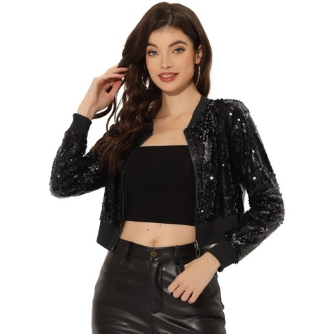 Allegra K Women's Sequin Sparkle Front Zipper Cropped Bomber Jacket ...