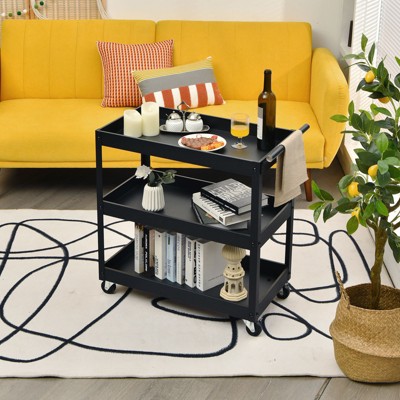 Black Steel 3-Tier Rolling Utility Cart with Wheels