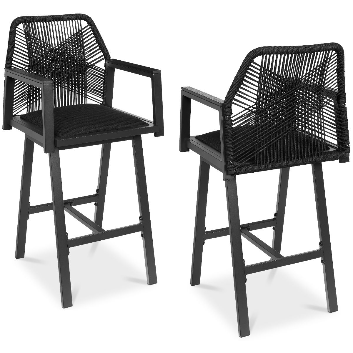 Best Choice Products Set of 2 Indoor/Outdoor Aluminum, Woven Rope Swivel Barstools w/ Armrests - Gray/Meteor
