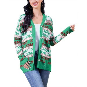 Coolmee Fall Sweater Cardigan for Women Long Sleeve Holiday Graphic Outerwear Button Down Open Front Cardigan Coat - 1 of 4