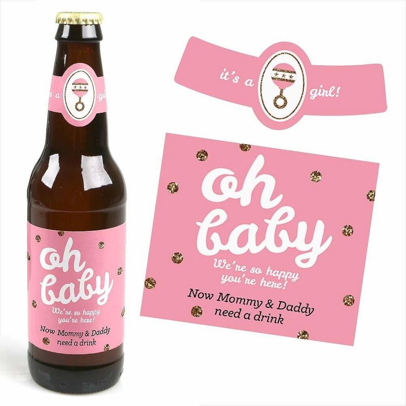 Big Dot of Happiness Hello Little One - Pink and Gold - Girl Baby Shower Decorations for Women and Men - 6 Beer Bottle Label Stickers and 1 Carrier, 2 of 6